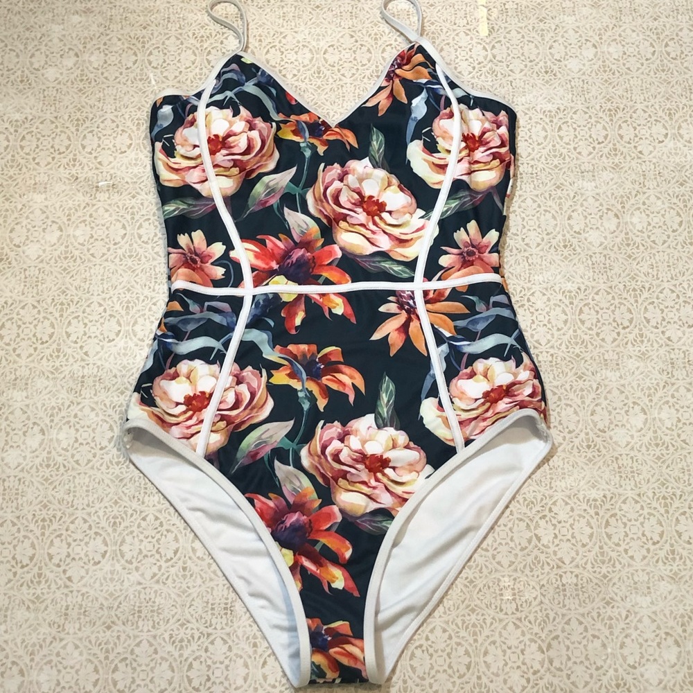Cupshe Floral One-Piece Swimsuit in Navy with Pink & Orange Blooms